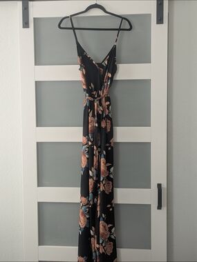 Arianne Black Maxi Romper Dress with Peach Floral Pattern